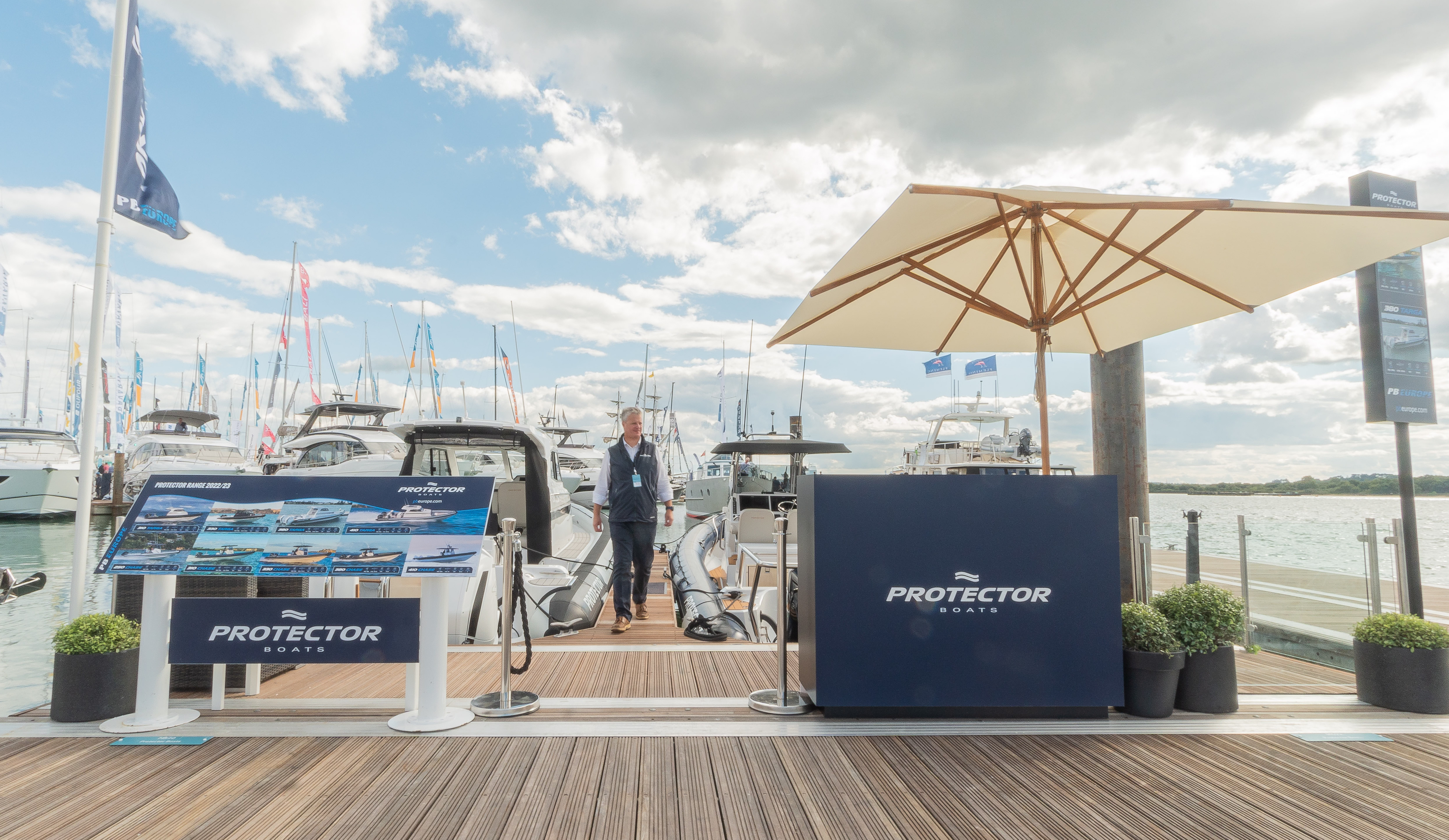 Protector brand Manager for PB Europe, Thom Board showcasing a 310 Chase and 380 Targa at the Southampton Boat show